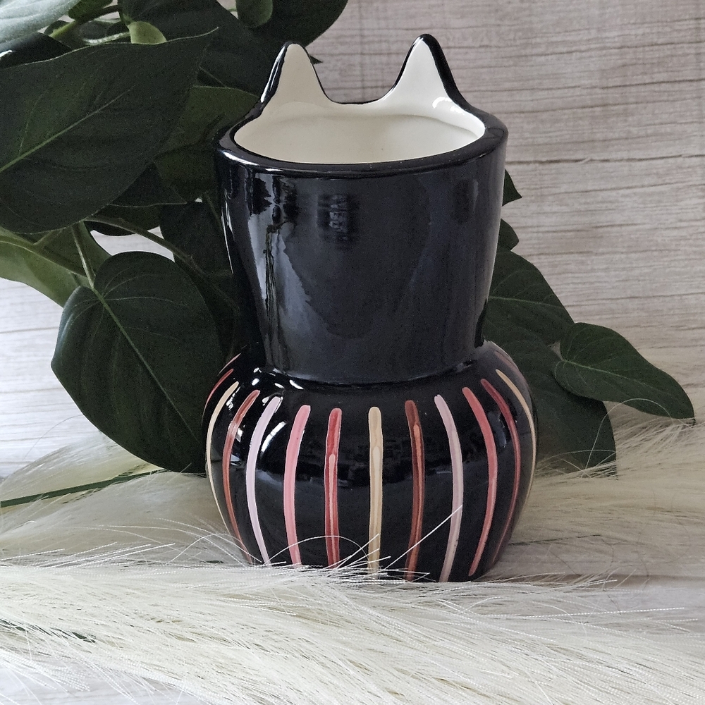 black cat art deco ceramic planter with pink and white accents stripes with cat - Picture 2 of 10